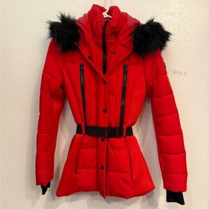 Michael Kors Puffer Detachable Faux Fur Trim Hooded Jacket w MK Logo Belt